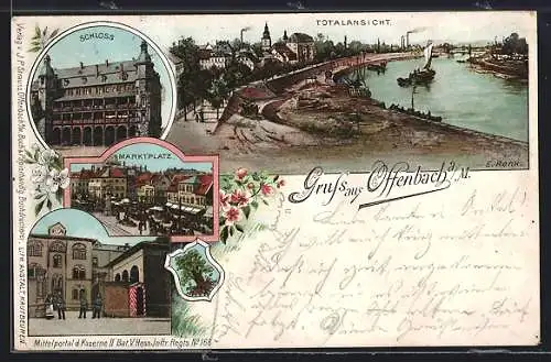 Lithographie Offenbach / Main, Schloss, Marktplatz, Mittelportal der Kaserne II. Bat. V. Hess. Inf. Regts. No. 168