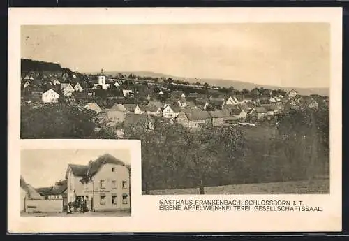 AK Schlossborn i. T., Gasthaus Frankenbach, Kirche, Häuser und Landschaft