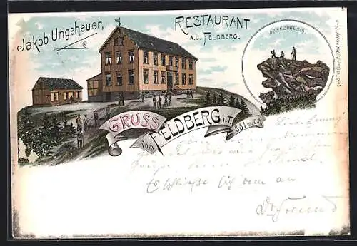 Lithographie Feldberg i. T., Restaurant von Jakob Ungeheuer, Wanderer auf dem Brunhildenfelsen