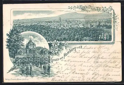 Lithographie Homburg v. d. H., Platzpartie mit Spaziergängern, Gesamtansicht aus der Vogelschau