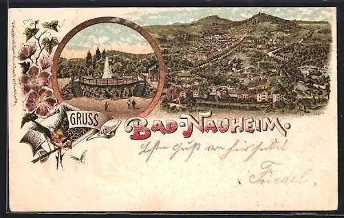 Lithographie Bad Nauheim, Panoramablick auf die Stadt mit Springbrunnen