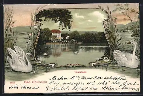Passepartout-AK Bad Nauheim, Teichhaus am See mit Schwänen