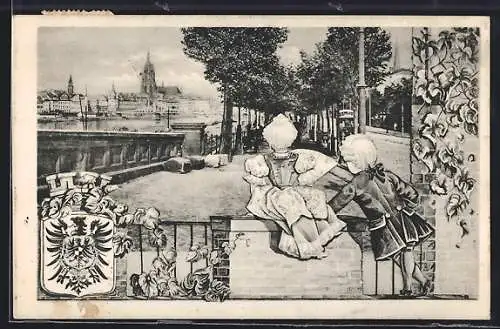 AK Frankfurt a. M.-Sachsenhausen, Ein Paar aus alter Zeit schaut auf die Stadt