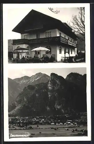AK Oberammergau, Restaurant Pschorr-Bräu-Ausschank, Gesamtansicht gegen die Berge