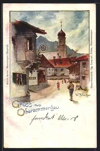 Lithographie Oberammergau, Passanten vor der Kirche
