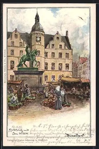 AK Düsseldorf, Marktplatz mit dem Jan Willem-Denkmal