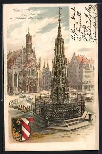 AK Nürnberg, Frauenkirche, schöner Brunnen und Wappen