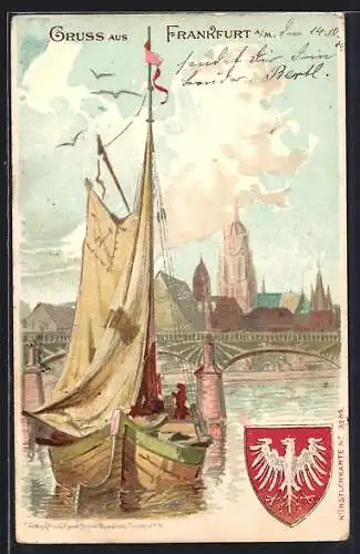 Lithographie Frankfurt a. M., Altstadtsilouette mit Wappen