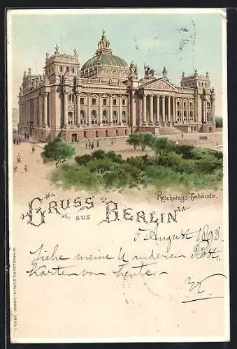 Lithographie Berlin-Tiergarten, das Reichstags-Gebäude, beleuchtete Fenster