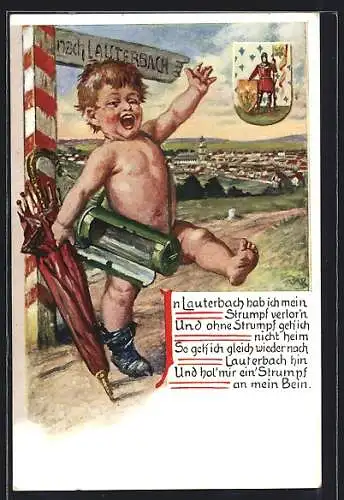 Künstler-AK Lauterbach / Hessen, Totale mit dem Wappen, kleiner nackter Junge