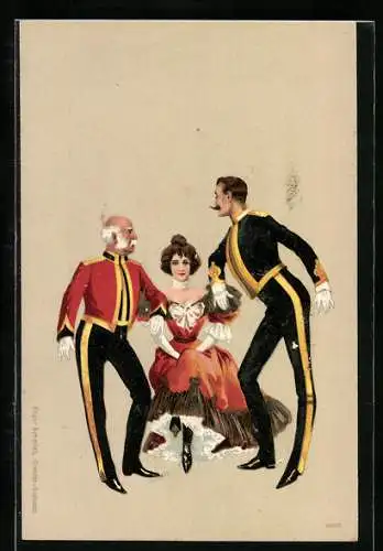 Lithographie Zwei britische Soldaten in festlicher Uniform bitten eine Dame zum Tanz