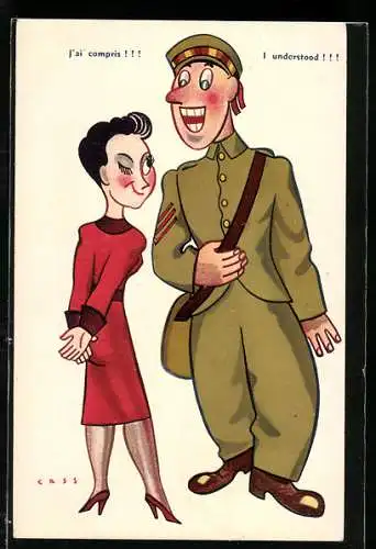 Künstler-AK Britischer Soldat in Uniform flirtet mit einer Französin
