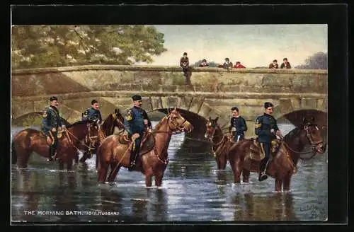 AK Britische Soldaten mit ihren Pferden in einem Fluss, The Morning Bath