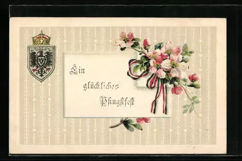 Präge-AK Blumengesteck mit Band in deutschen Reichsfarben, Deutsches Wappen, Pfingstkarte