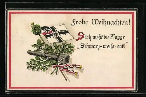 AK Eichenblätter und Mistelzweige an der Reichskriegsflagge, mit einer Kanone, Weihnachtskarte