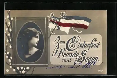 AK Portrait einer jungen Frau, deutsche Reichsfahnen, Karte zum Osterfest