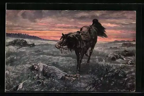 AK Pferd vor totem Soldaten der Kavallerie