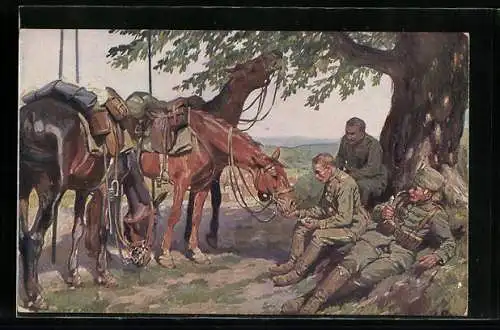 Künstler-AK A. Roloff: Treue Freunde, Kavallerie-Soldat gibt seinem Pferd Brot ab