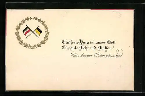 AK Die Flaggen des Deutschen Reichs und Österreich-Ungarns im Eichenblattkranz, Zweibund, Osterkarte