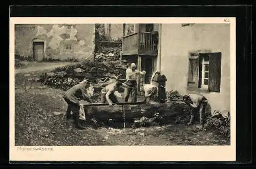 AK Ostpreussenhilfe 1915, Morgenwäsche, Feldgraue an Wasserquelle