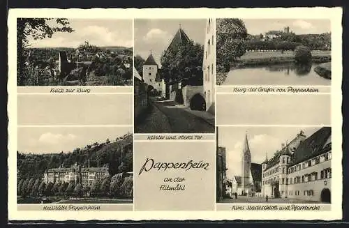 AK Pappenheim a. d. Altmühl, Blick zur Burg, Kloster und oberes Tor, Stadtschloss und Pfarrkirche, Heilstätte
