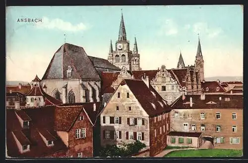 AK Ansbach / Mfr., Teilansicht mit Kirche