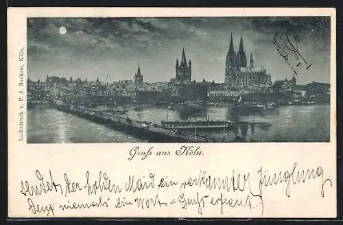AK Köln, Hafenpanorama im Mondschein
