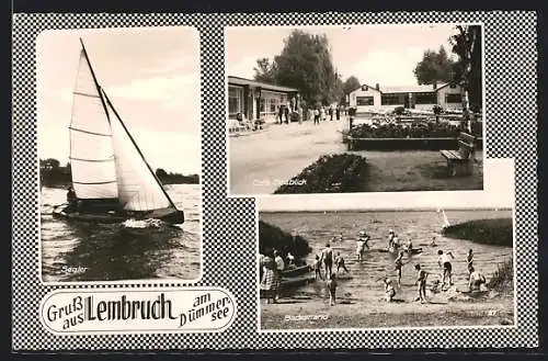 AK Lembruch am Dümmersee, Café Seeblick, Besucher am Badestrand, Segelboot