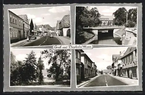 AK Diepholz /Hann., Strassenpartie mit VW Käfer, Flussbrücke