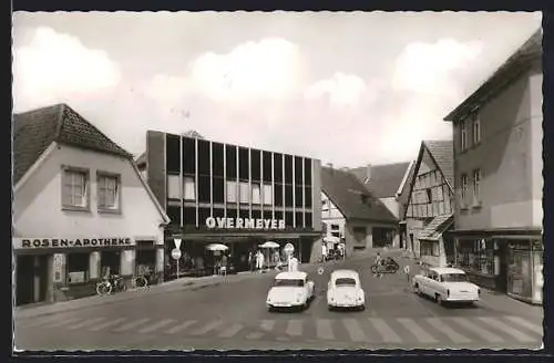 AK Ibbenbüren, Rosen-Apotheke und Kaufhaus Overmeyer am unteren Markt, VW Käfer