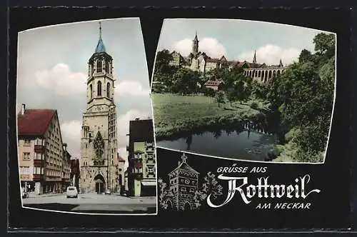 AK Rottweil am Neckar, Die Kirche, Flusspartie mit Blick zum Viadukt