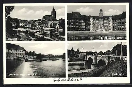 AK Rheine, Emswasserfall und Mühle, Emsbrücke, Mathias-Hospital