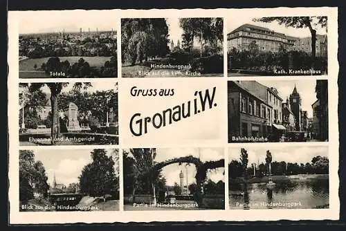 AK Gronau i. W., Bahnhofstr., Hindenburgpark mit Blick auf die kath. Kirche, Ehrenmal und Amtsgericht, Kath. Krankenhaus
