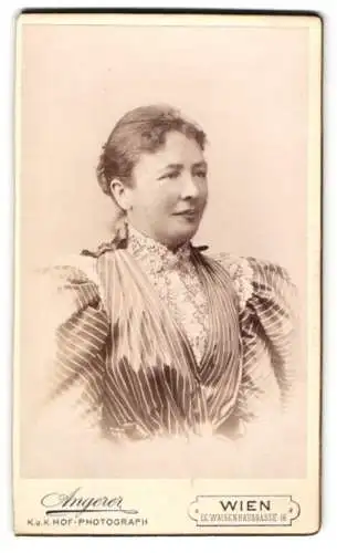 Fotografie V. Angerer, Wien, Waisenhausgasse 16, Portrait Frau mit gestreiftem Kleid