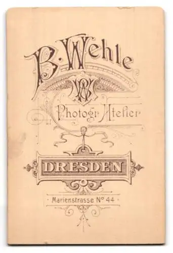 Fotografie B. Wehle, Dresden, Marienstr. 44, Ältere Dame im dunklen Kleid am Tisch
