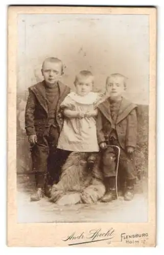 Fotografie Andr. Specht, Flensburg, Holm 12, Zwei Buben mit kleiner Schwester auf einem Fell