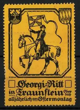 Reklamemarke Traunstein, Georgi-Ritt, alljährlich am Ostermontag, Knappe zu Pferd, Wappen