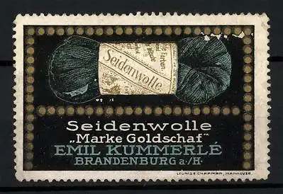 Reklamemarke Seidenwolle Marke Goldschaf, Emil Kummerle, Brandenburg a. H., Wollknäuel