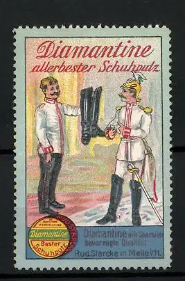 Reklamemarke Diamantine - allerbester Schuhputz, zwei Soldaten mit geputzten Stiefeln, Dose