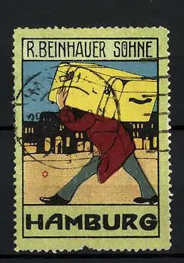 Reklamemarke Hamburg, R. Beinhauer Söhne, Mann mit Koffer