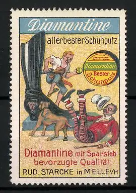 Reklamemarke Diamantine - allerbester Schuhputz, Rud. Starcke, Melle, Schuster tanzt auf einem Stiefel