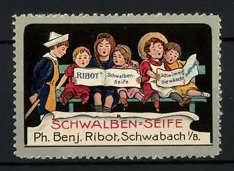Reklamemarke Schwalben-Seife - schwimmt, wäscht und bleicht, Ph. Benj. Ribot, Schwabach, singende Kinder