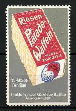 Reklamemarke Riesen-Parade-Waffeln, Marke Zugspitze, Landshuter Bisquit- und Keksfabrik H. I. Klein, Schachtel