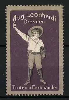 Reklamemarke Tinten und Farbbänder von Aug. Leonhardi, Dresden, Schuljunge mit Tintenglas