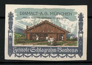 Reklamemarke Feinste Schlagrahm-Bonbons der Diamalt AG München, Fabrik feinster Bonbons-Spezialitäten, Bauernhof