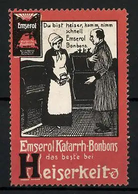 Reklamemarke Emserol Katarrh-Bonbons, das Beste bei Heiserkeit, Mann mit Dienstmädchen