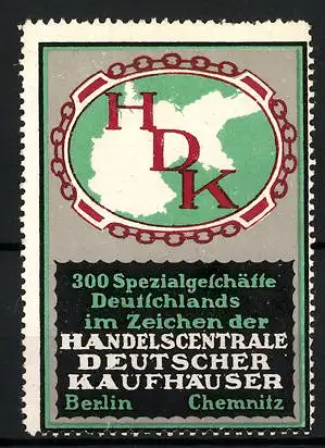 Reklamemarke Handelscentrale Deutscher Kaufhäuser, Berlin & Chemnitz, Logo HDK