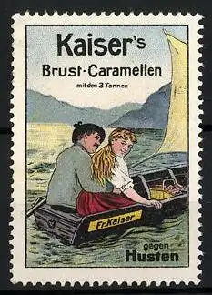 Reklamemarke Kaiser's Brust-Caramellen mit den 3 Tannen, gegen Husten, Liebespaar im Ruderboot