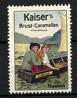 Reklamemarke Kaiser's Brust-Caramellen mit den 3 Tannen, gegen Husten, Liebespaar im Ruderboot