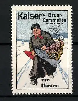 Reklamemarke Kaiser's Brust-Caramellen mit den 3 Tannen, gegen Husten, Marktfrau im Schnee